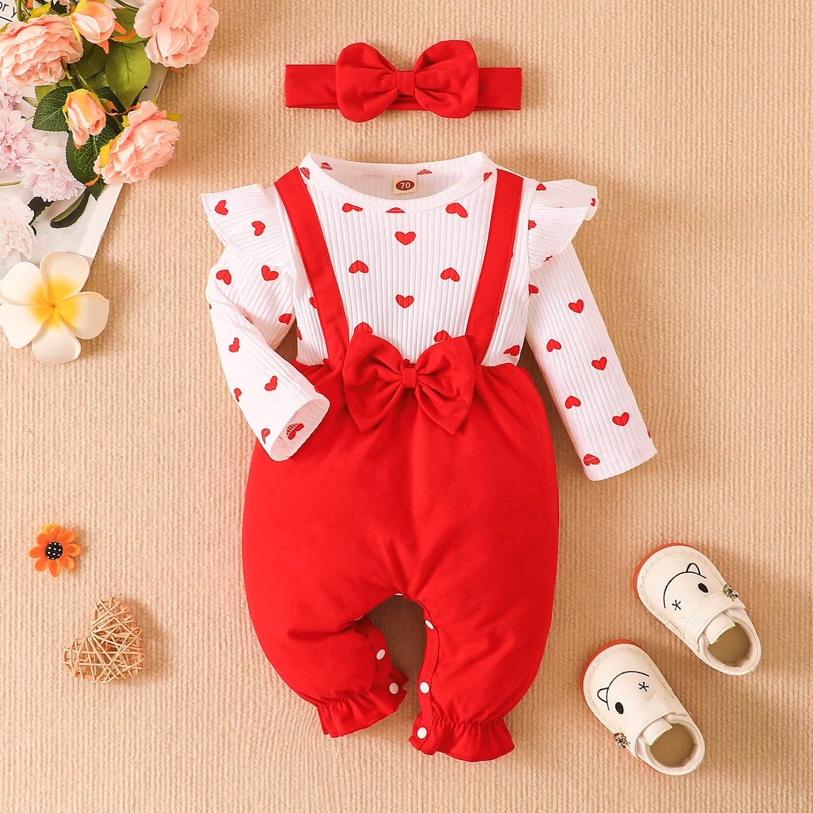 RogPrincekids Baby Girl Clothes Infant Girls Ruffle Long Sleeve Romper Jumpsuit Cute One-Piece Outfits (White Red, 9-12 Months)