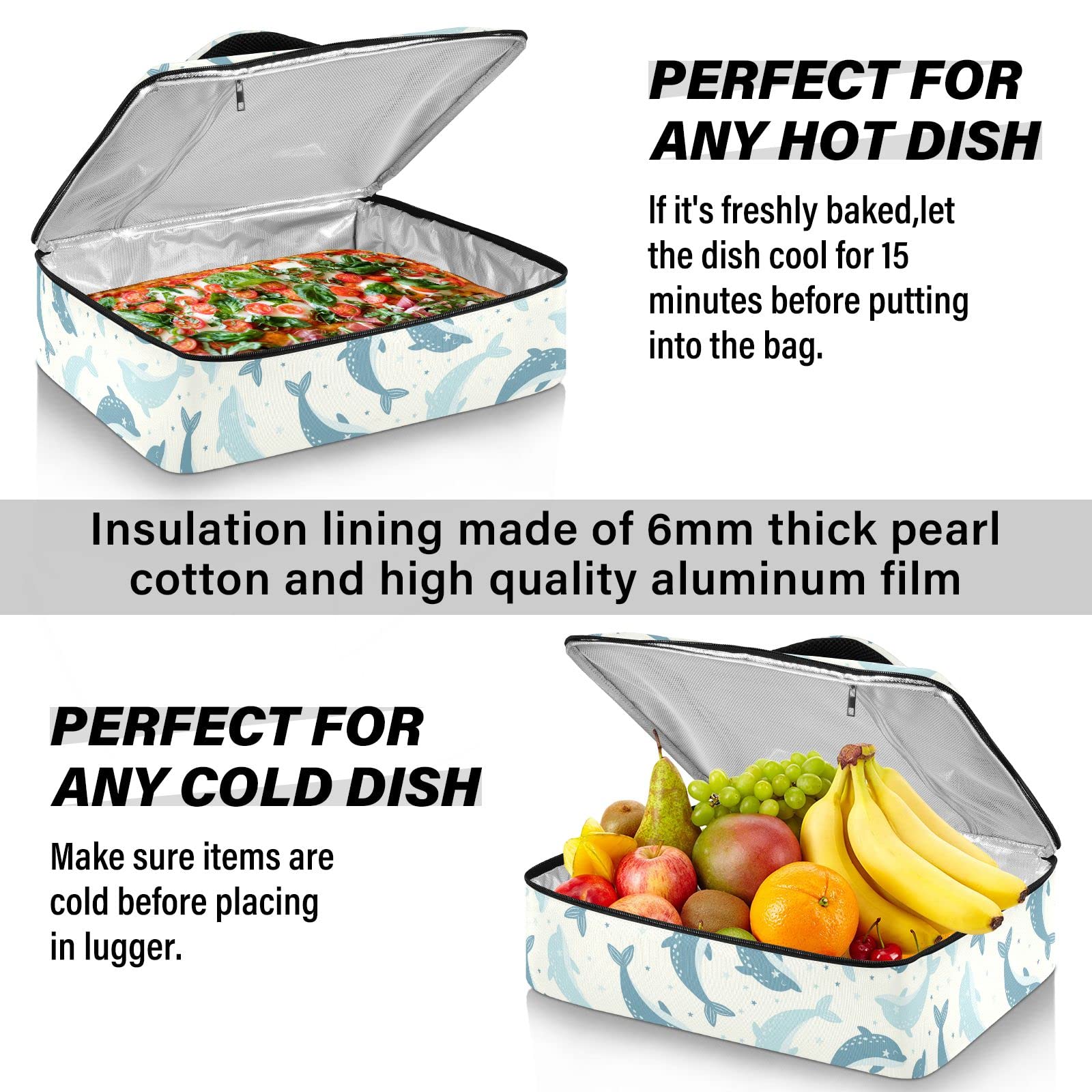 NFMILI Casserole Carrier for Hot and Cold Cute Anime Dolphin Print, Insulated Food Delivery Bag Reusable Warmer Carrier Bag with Inner Pocket Aesthetic Print 15.75×11.81×3.94 inch