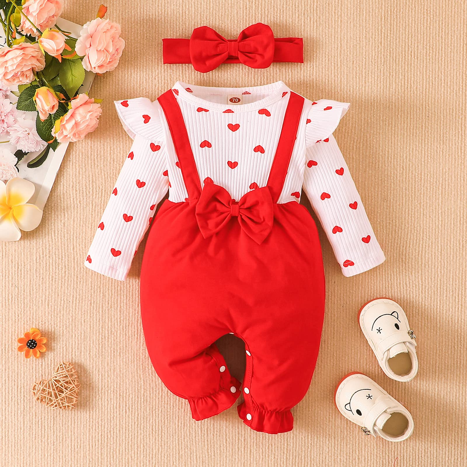 RogPrincekids Baby Girl Clothes Infant Girls Ruffle Long Sleeve Romper Jumpsuit Cute One-Piece Outfits (White Red, 9-12 Months)