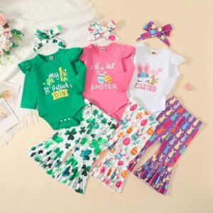 DEARBB Newborn Baby Girl My 1st St. Patrick’s Day/Easter Outfit Romper Lucky Shamrock Bunny Flare Pants Set Infant Toddler