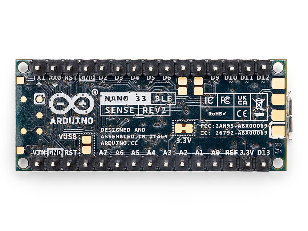 Arduino Nano 33 BLE Sense Rev2 with Headers [ABX00070] – AI Microcontroller with Sensors, Bluetooth, for Wearables, Gesture & Voice Recognition