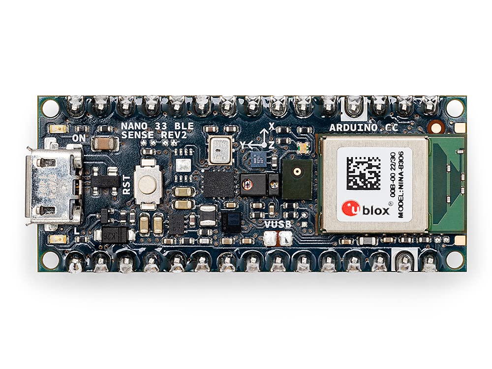 Arduino Nano 33 BLE Sense Rev2 with Headers [ABX00070] – AI Microcontroller with Sensors, Bluetooth, for Wearables, Gesture & Voice Recognition