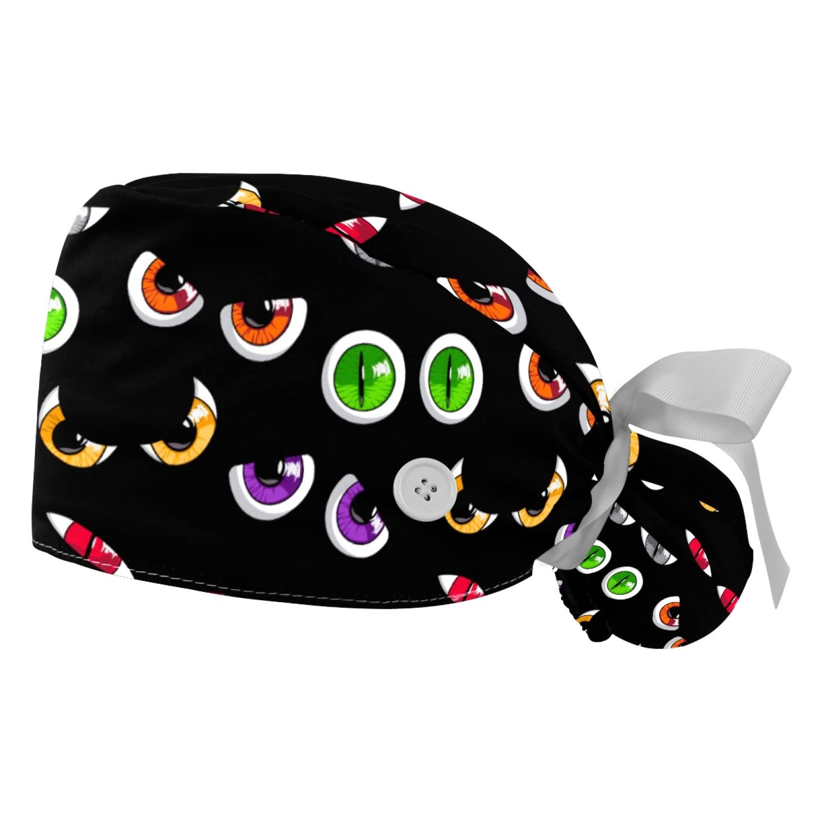 2 Pcs Nurse Scrub Caps Women Long Hair, Scary Colorful Eyes Adjustable Working Cap with Button and Sweatband