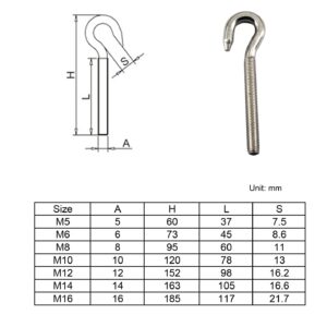 16Pcs M5 Stainless Steel Eye Bolt with Nut and Washers Long Shank Threaded Rod Round Hook Eyelet Bolt Screw