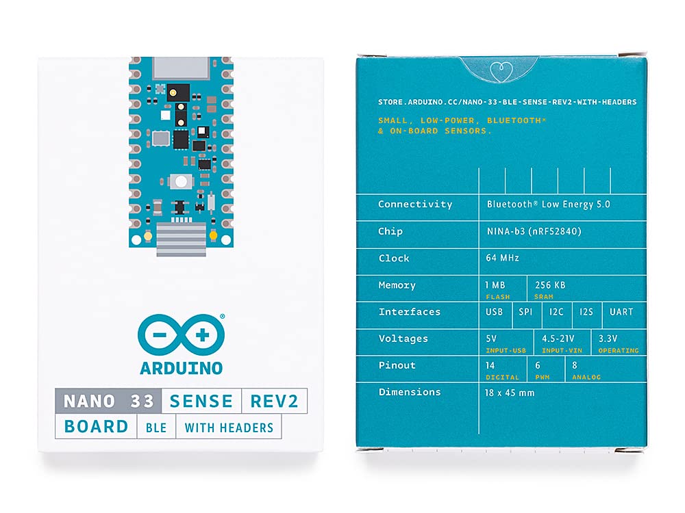 Arduino Nano 33 BLE Sense Rev2 with Headers [ABX00070] – AI Microcontroller with Sensors, Bluetooth, for Wearables, Gesture & Voice Recognition