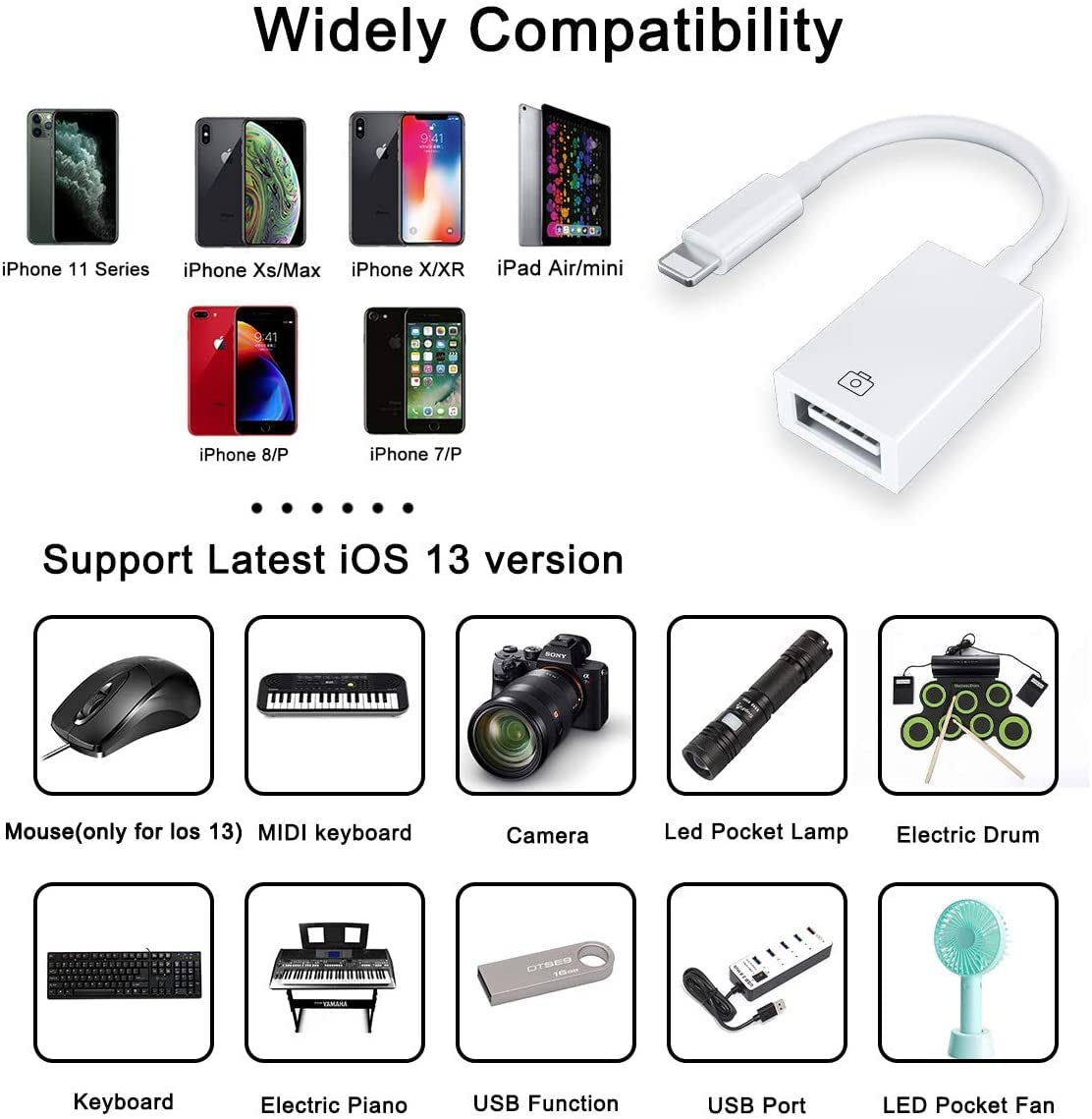 【Apple MFi Certified】 Lightning to USB Camera Adapter for iPhone/iPad, Female USB 3.0 OTG Cable Adapter Support Connect Camera,USB Flash Drive,Card Reader,MIDI Keyboard, Mouse