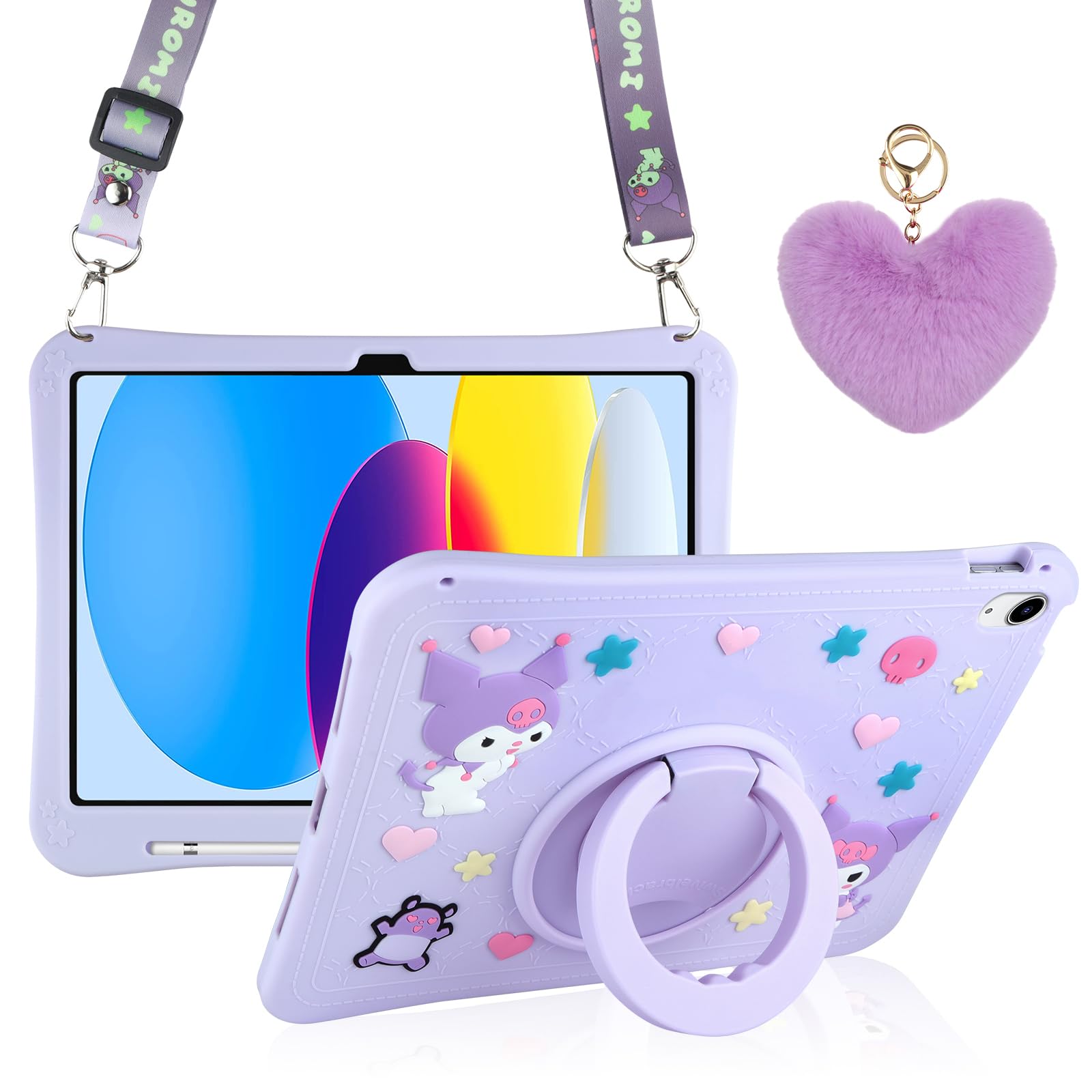 WESADN for iPad 10th Generation Case 2022 with Kickstand Lanyard Heart Keychain Pencil Holder Silicone Case for Girls Kids Cute Protective Tablet Cover for iPad 10th Gen 10.9 inch 2022 Lilac Purple