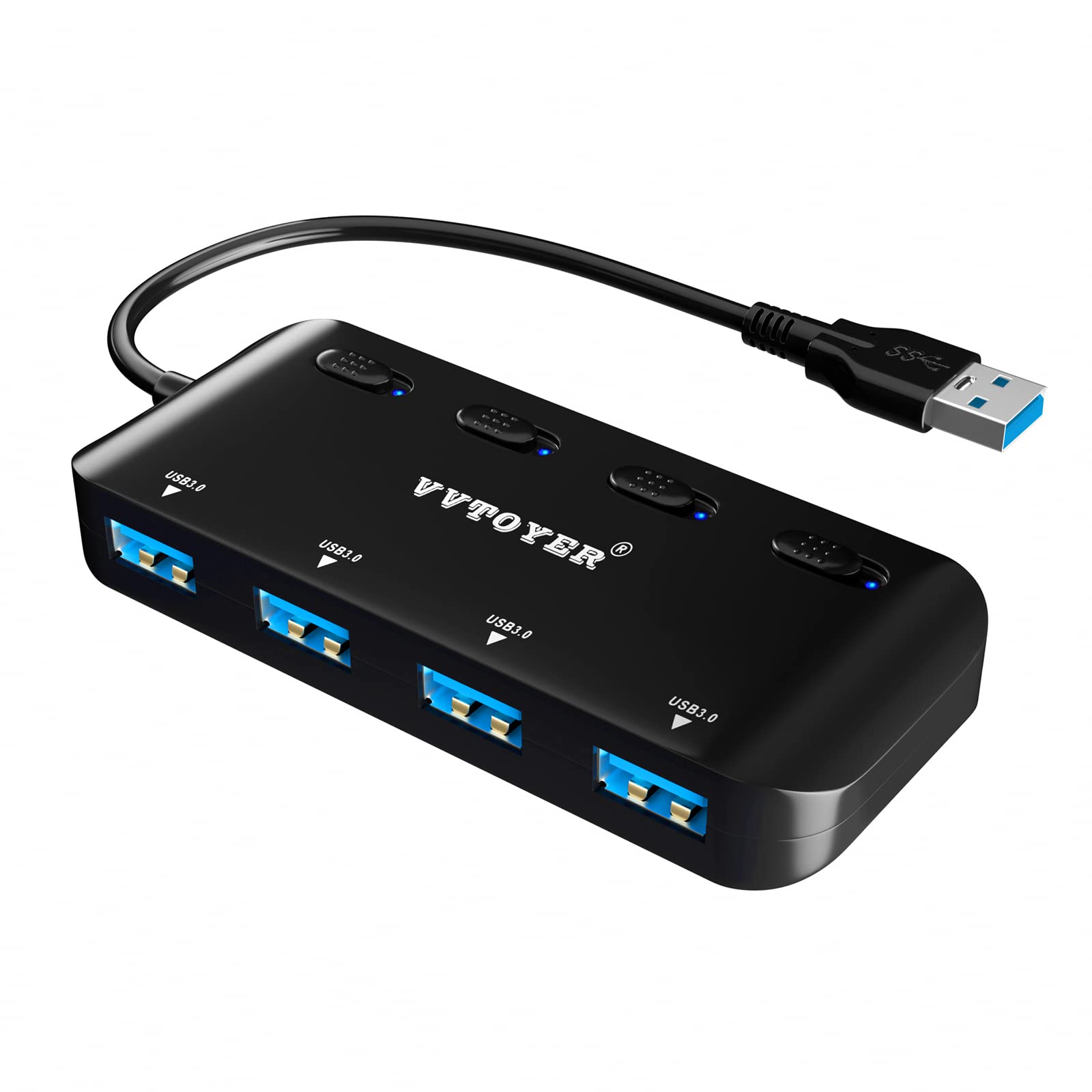 USB 3.0 Hub Splitter, 4-Port USB Extender Hub for Laptop, VVTOYER Multi USB Port Expander Adapter with Individual Power Switches