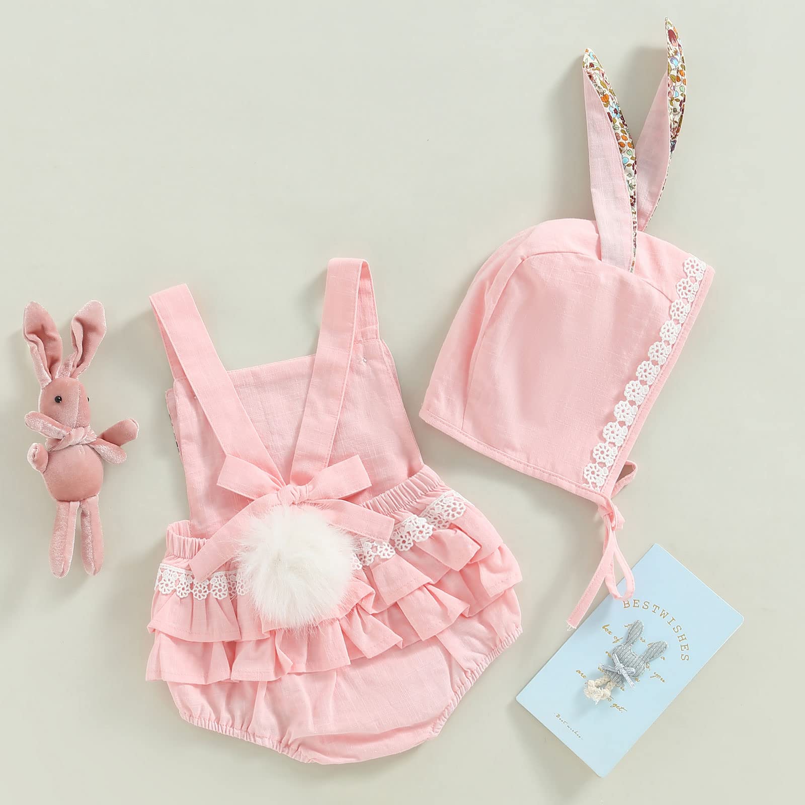 Baby Girl Easter Outfit Vintage Onesie Overalls and Bunny Ears/Toddler Dress Sister Mathing Clothes with Tail (Onesie Bunny Pink,6-12 Months)