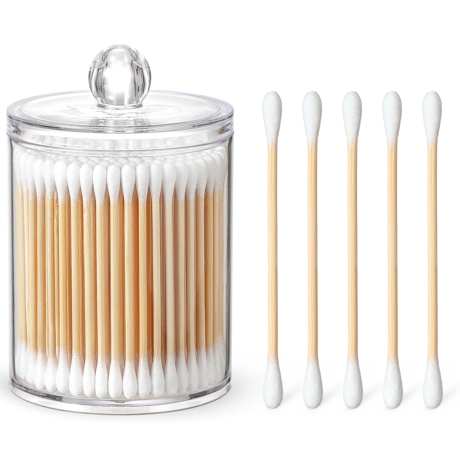 Bamboo Cotton Swabs -700 COUNT - with 1 Clear Storage Holder for Qtips - Biodegradable Eco-Friendly Natural Cotton Buds for Ears, Hygiene, Beauty Care - Round Tips & Thick Cotton & Sturdy Bamboo Stick