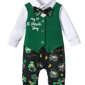 WIQI toddler boy St. Patrick's Day clothes Long Sleeve St. Pat's Day Shirt Romper Jumpsuit+ bow tie baby boy St. Patrick's Day outfit