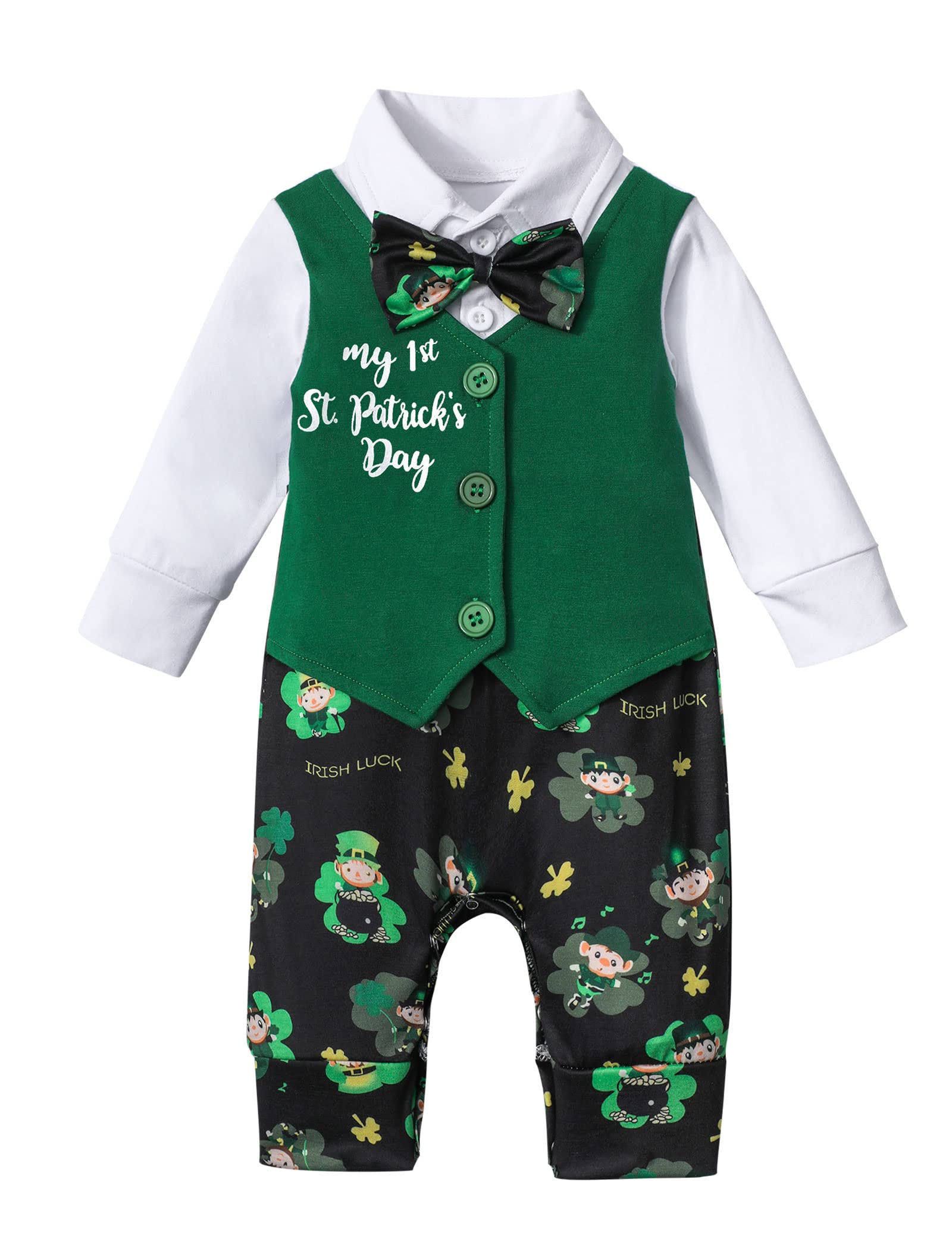 WIQI toddler boy St. Patrick's Day clothes Long Sleeve St. Pat's Day Shirt Romper Jumpsuit+ bow tie baby boy St. Patrick's Day outfit