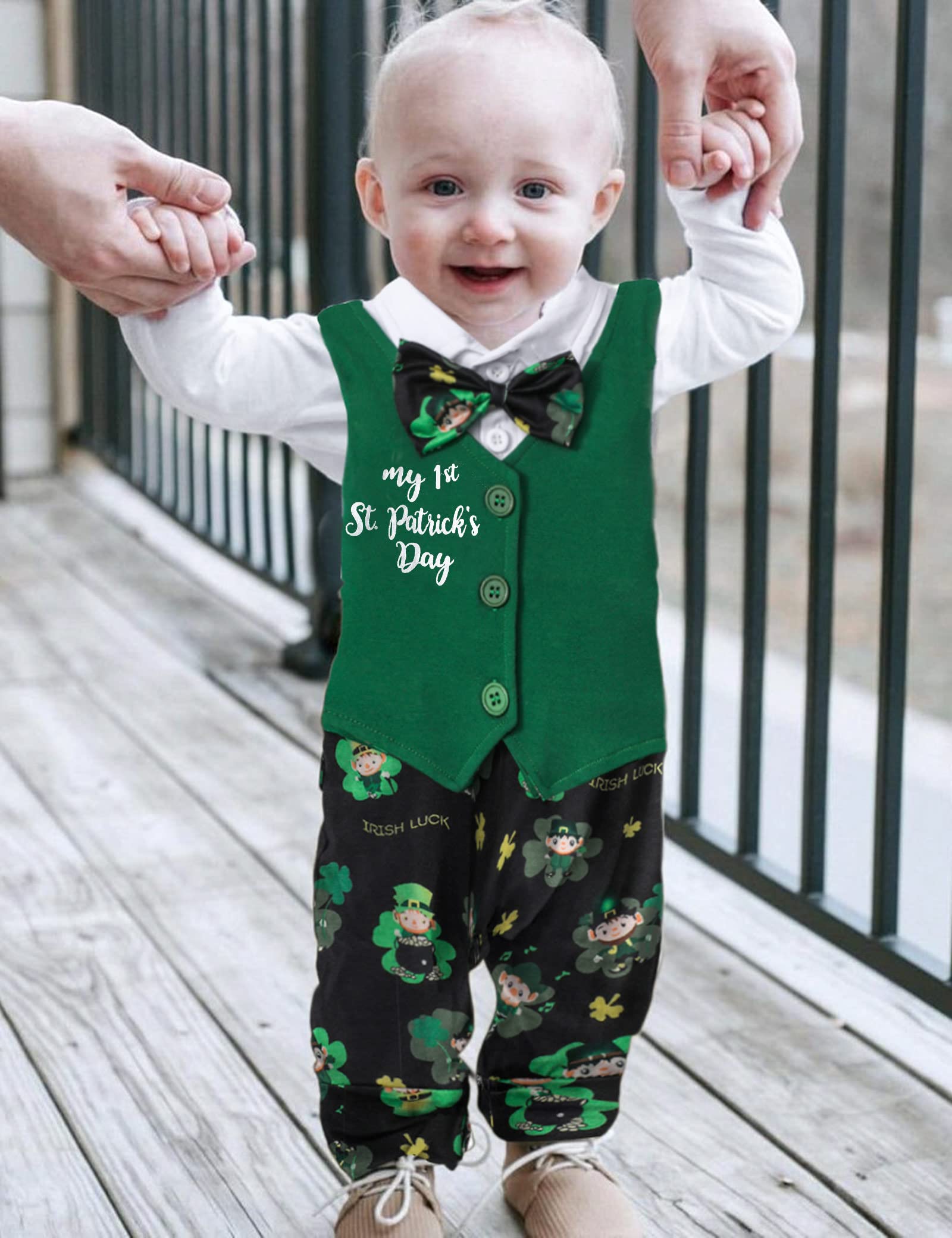 WIQI toddler boy St. Patrick's Day clothes Long Sleeve St. Pat's Day Shirt Romper Jumpsuit+ bow tie baby boy St. Patrick's Day outfit