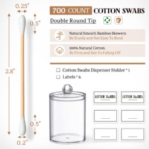 Bamboo Cotton Swabs -700 COUNT - with 1 Clear Storage Holder for Qtips - Biodegradable Eco-Friendly Natural Cotton Buds for Ears, Hygiene, Beauty Care - Round Tips & Thick Cotton & Sturdy Bamboo Stick