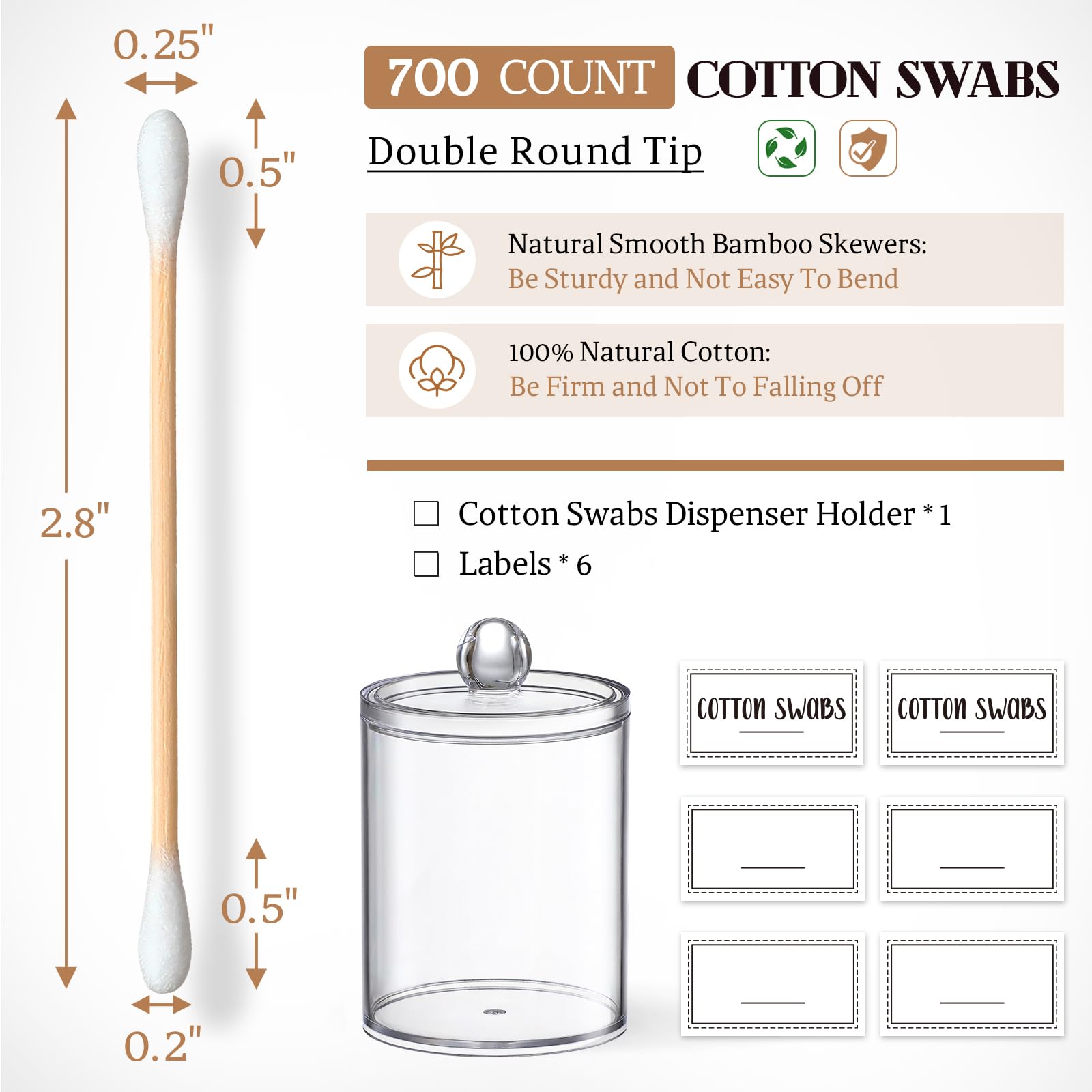 Bamboo Cotton Swabs -700 COUNT - with 1 Clear Storage Holder for Qtips - Biodegradable Eco-Friendly Natural Cotton Buds for Ears, Hygiene, Beauty Care - Round Tips & Thick Cotton & Sturdy Bamboo Stick