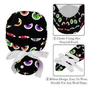 2 Pcs Nurse Scrub Caps Women Long Hair, Scary Colorful Eyes Adjustable Working Cap with Button and Sweatband