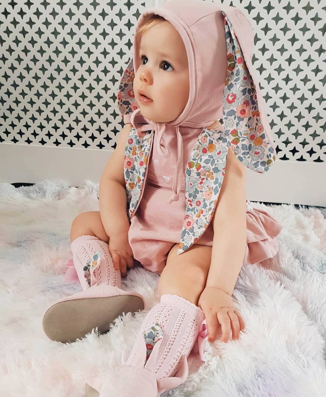 Baby Girl Easter Outfit Vintage Onesie Overalls and Bunny Ears/Toddler Dress Sister Mathing Clothes with Tail (Onesie Bunny Pink,6-12 Months)