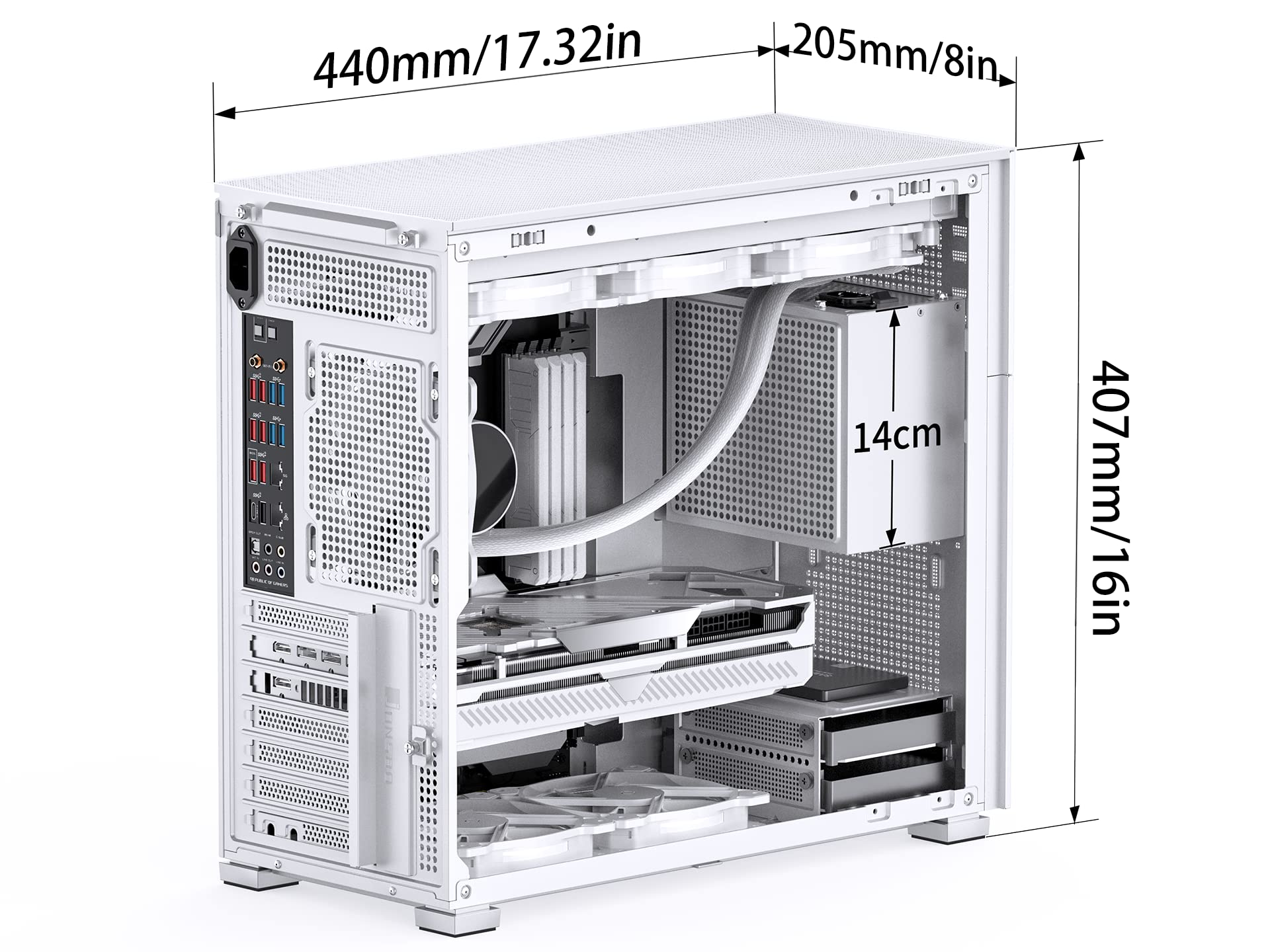 JONSBO D41 MESH SC White ATX Computer Case with Screen,ATX/M-ATX Mainboard/Support RTX 4090(335-400mm) GPU 360/280AIO,Power ATX/SFX: 100mm-220mm Multiple Tool-Free Design,White