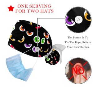 2 Pcs Nurse Scrub Caps Women Long Hair, Scary Colorful Eyes Adjustable Working Cap with Button and Sweatband