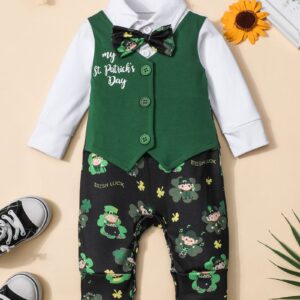 WIQI toddler boy St. Patrick's Day clothes Long Sleeve St. Pat's Day Shirt Romper Jumpsuit+ bow tie baby boy St. Patrick's Day outfit