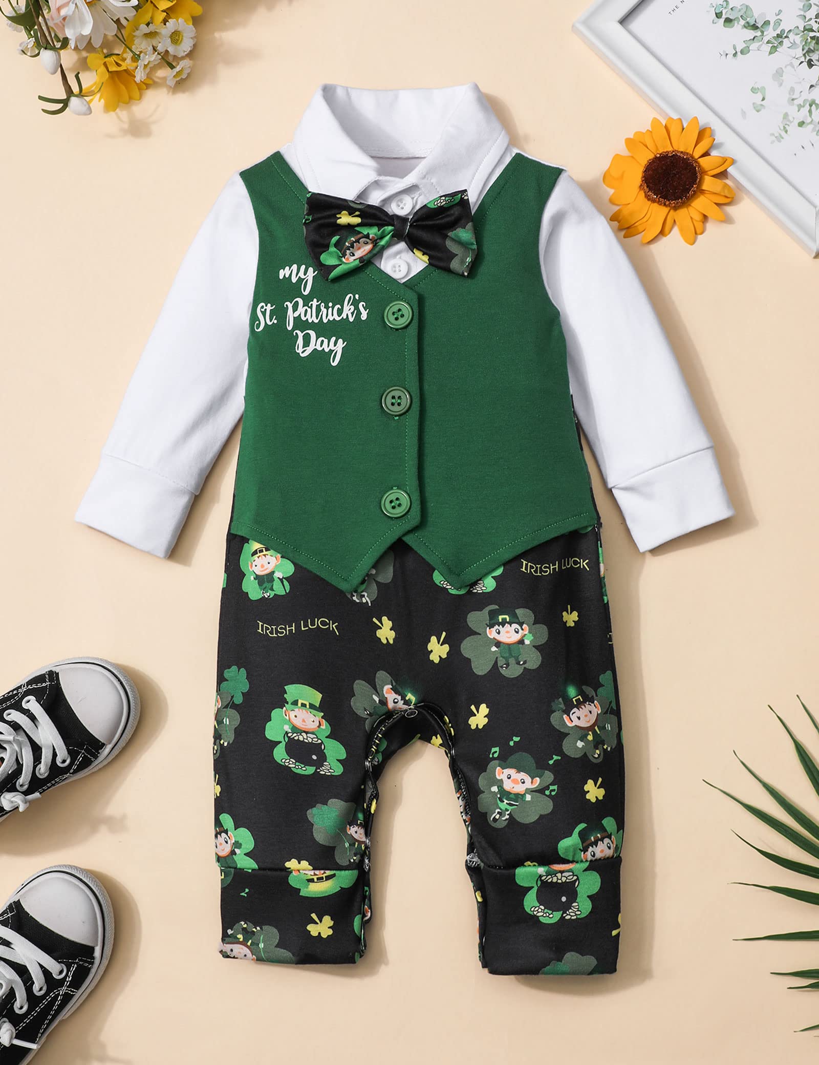 WIQI toddler boy St. Patrick's Day clothes Long Sleeve St. Pat's Day Shirt Romper Jumpsuit+ bow tie baby boy St. Patrick's Day outfit