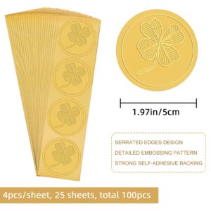 CRASPIRE 2 Inch Gold Embossed Envelope Seals Stickers Four Leaf Clover 100pcs Adhesive Embossed Foil Seals Stickers Label for Wedding Invitations Gift Packaging