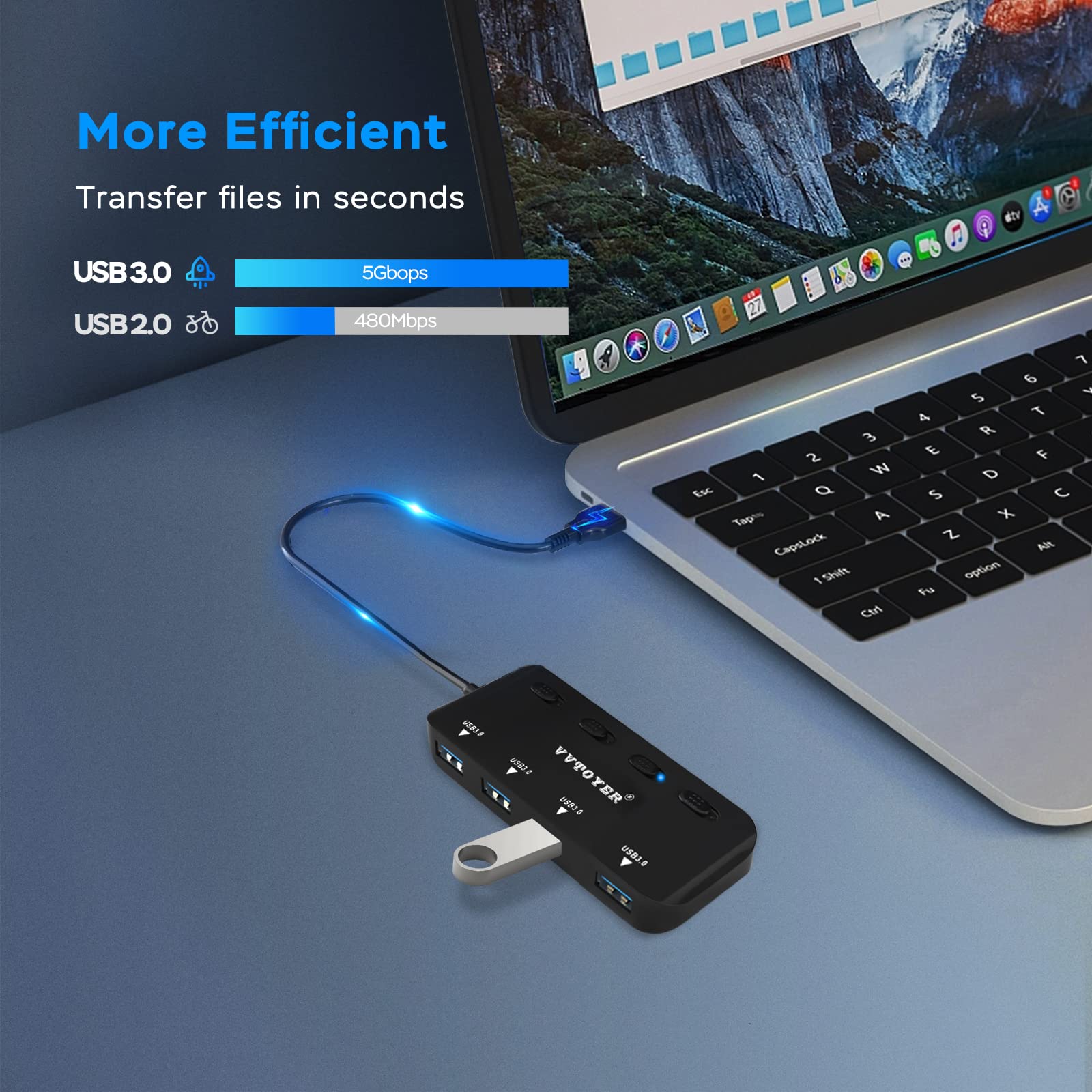 USB 3.0 Hub Splitter, 4-Port USB Extender Hub for Laptop, VVTOYER Multi USB Port Expander Adapter with Individual Power Switches