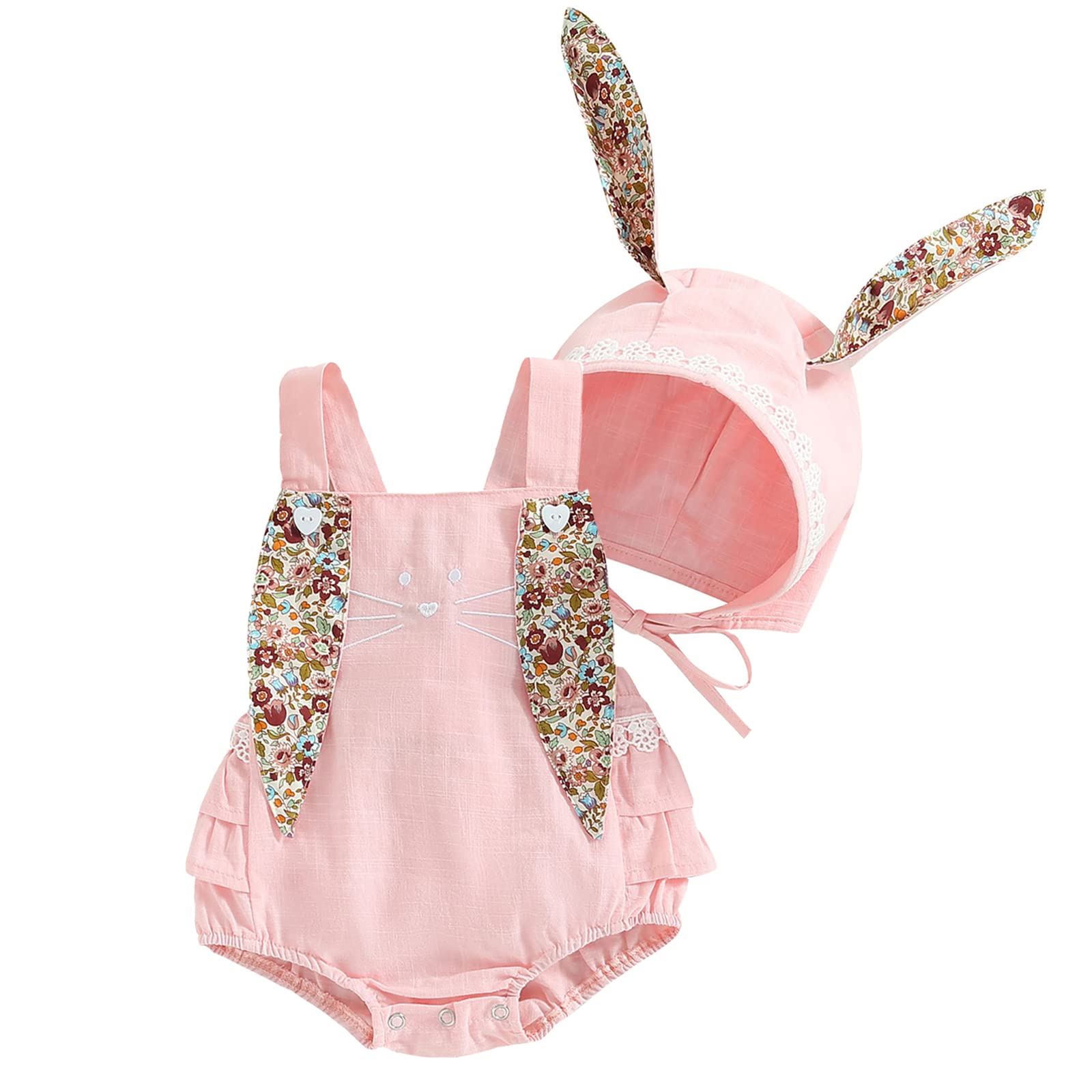 Baby Girl Easter Outfit Vintage Onesie Overalls and Bunny Ears/Toddler Dress Sister Mathing Clothes with Tail (Onesie Bunny Pink,6-12 Months)