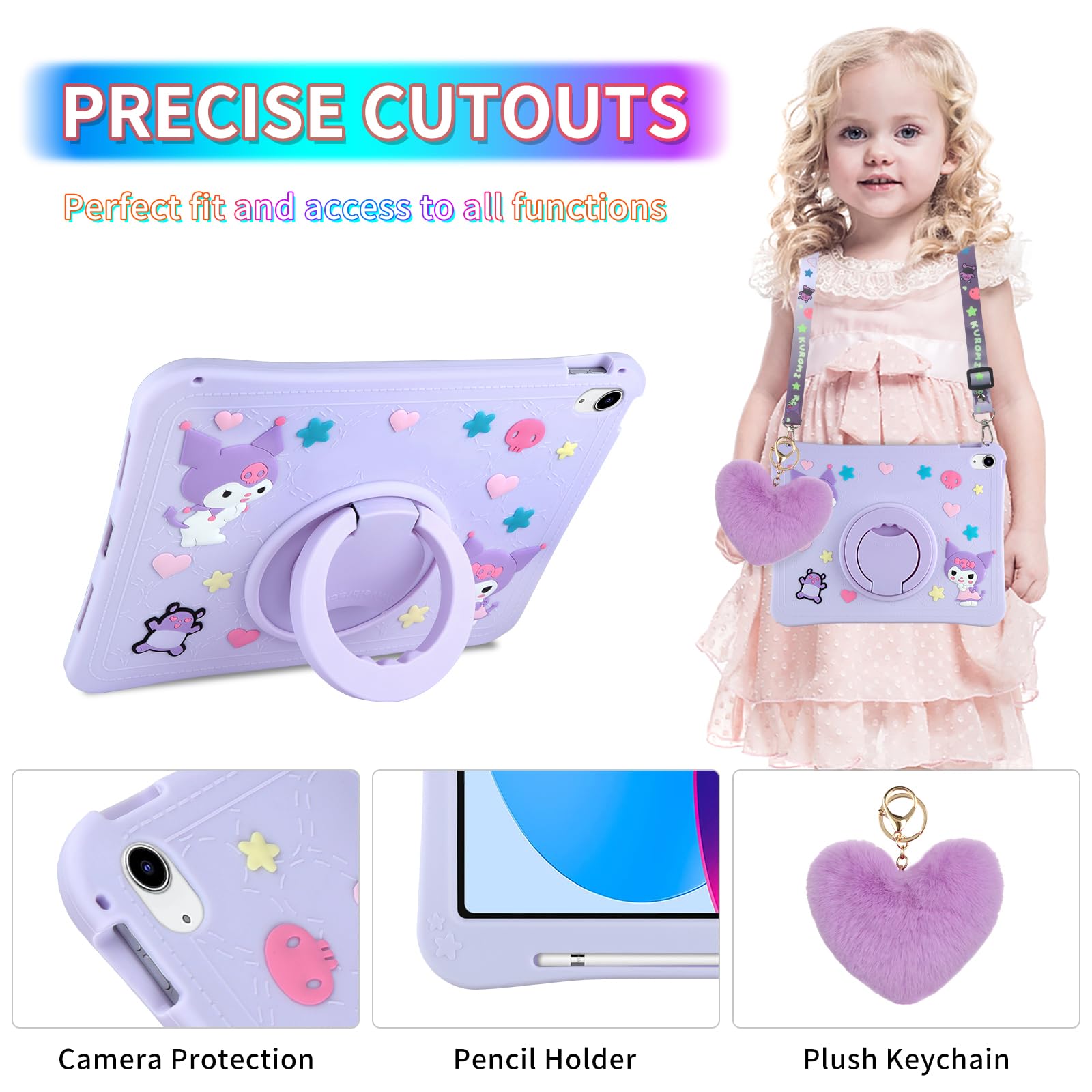 WESADN for iPad 10th Generation Case 2022 with Kickstand Lanyard Heart Keychain Pencil Holder Silicone Case for Girls Kids Cute Protective Tablet Cover for iPad 10th Gen 10.9 inch 2022 Lilac Purple