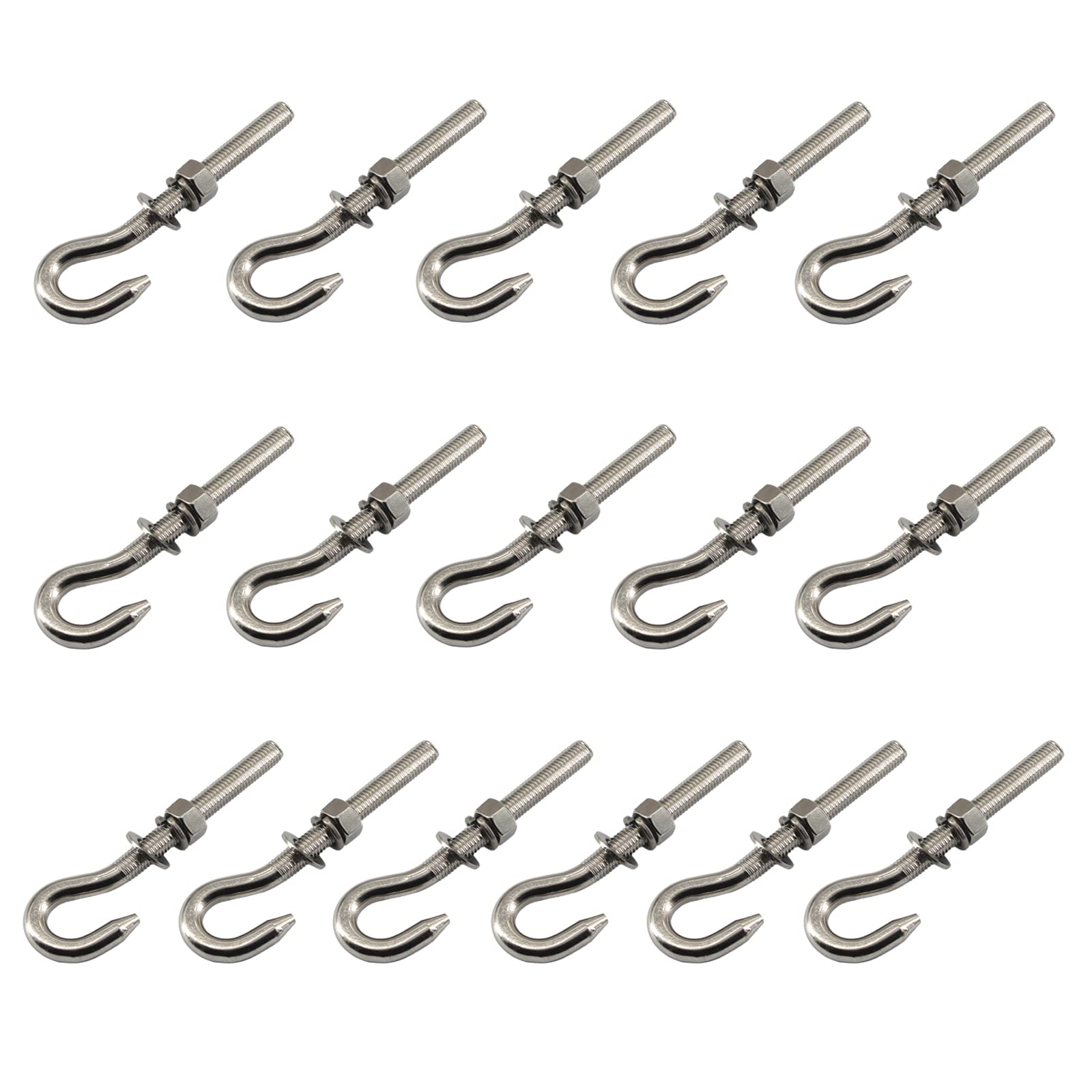 16Pcs M5 Stainless Steel Eye Bolt with Nut and Washers Long Shank Threaded Rod Round Hook Eyelet Bolt Screw