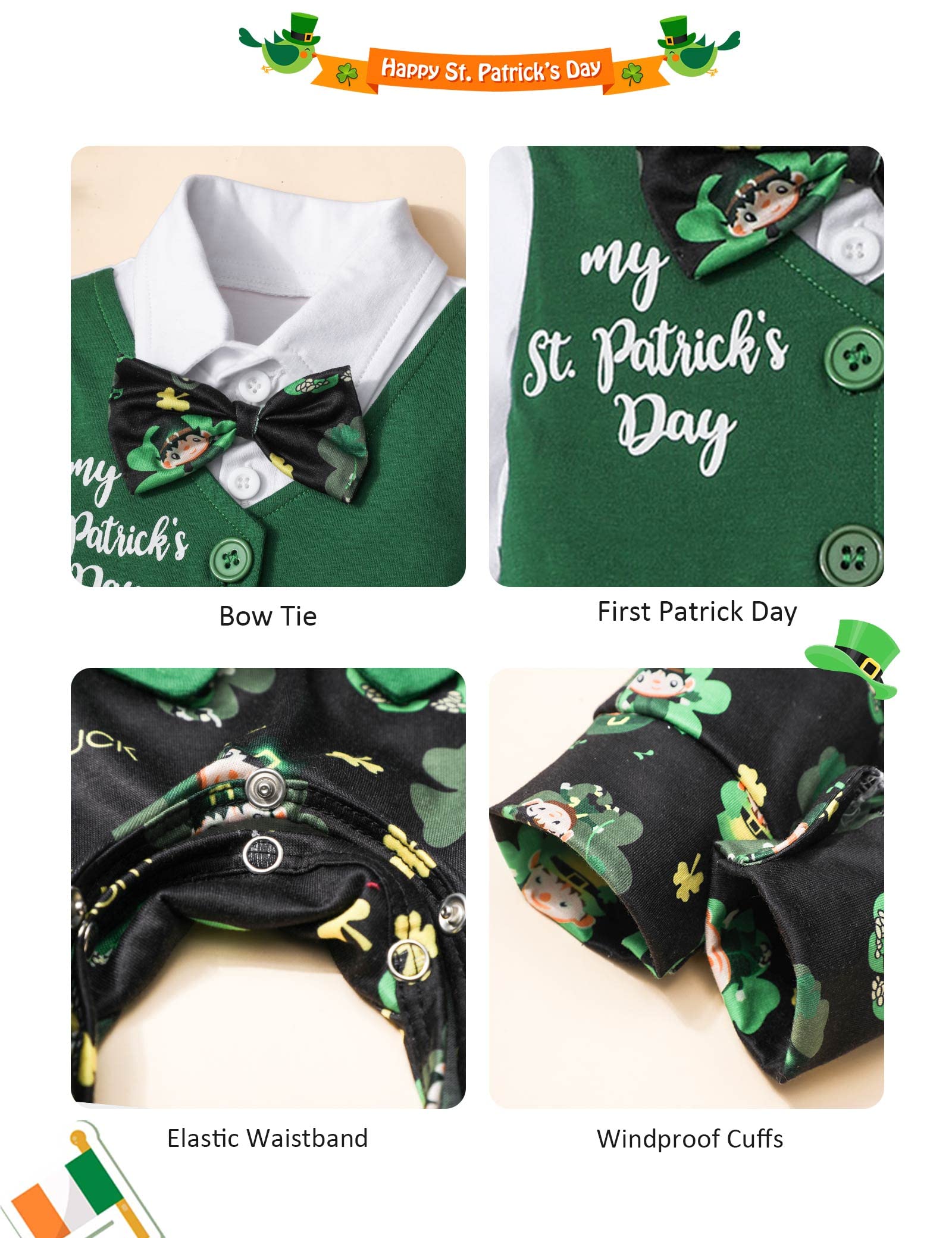 WIQI toddler boy St. Patrick's Day clothes Long Sleeve St. Pat's Day Shirt Romper Jumpsuit+ bow tie baby boy St. Patrick's Day outfit