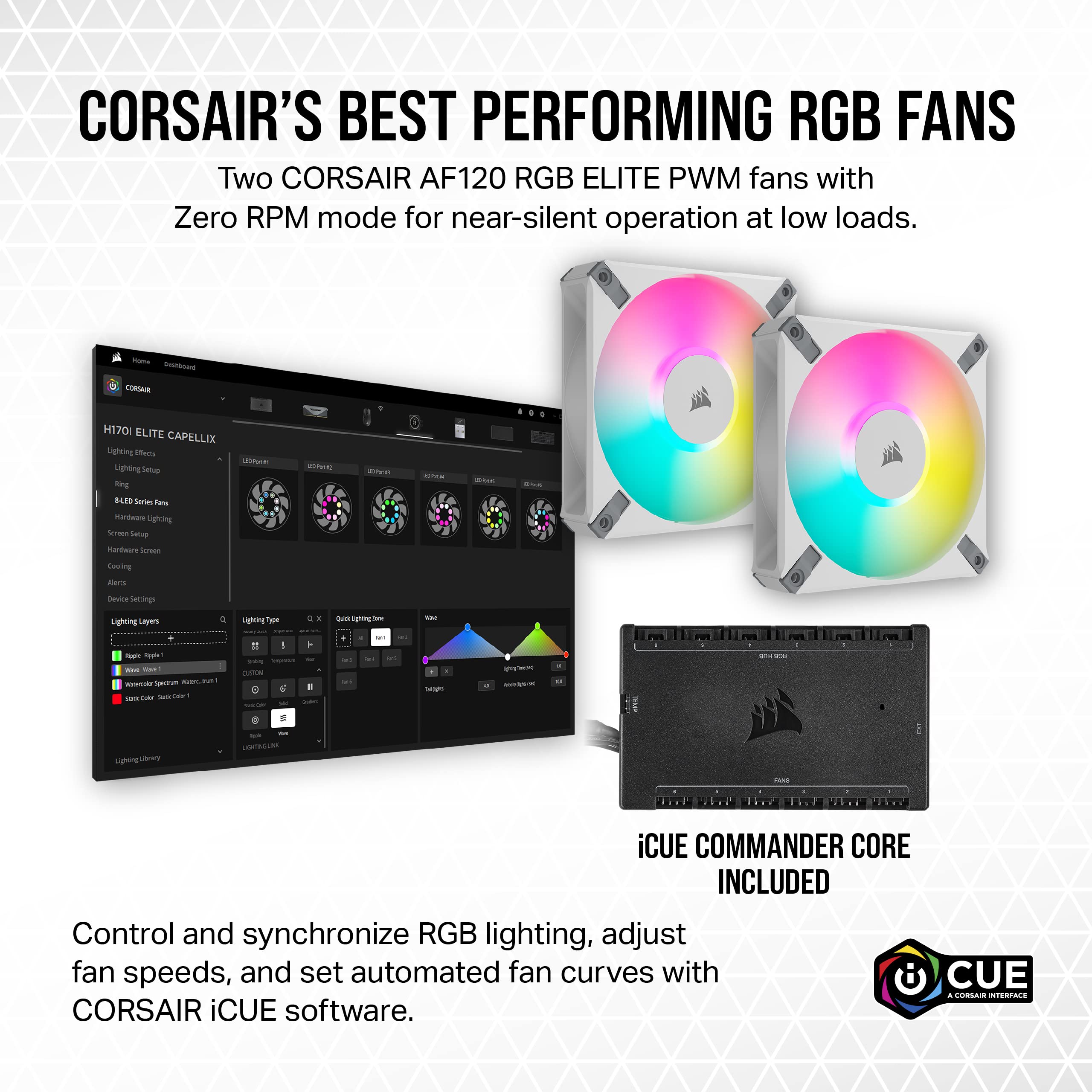 Corsair iCUE H100i Elite CAPELLIX XT Liquid CPU Cooler - Two AF120 RGB Elite Fans - 240mm Radiator - Intel® LGA 1700, 1200, 115X, 2066, AMD® AM5, AM4 - Included iCUE Commander CORE - White