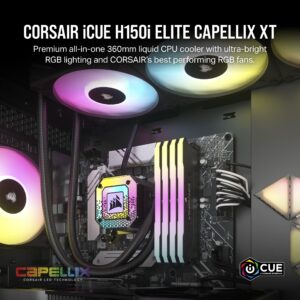 Corsair iCUE H150i Elite CAPELLIX XT Desktop Liquid CPU Cooler - Three AF120 RGB Elite Fans - 360mm Radiator - Intel® LGA 1700, 1200, 115X, 2066, AMD® AM5, AM4 - Included iCUE Commander CORE - Black