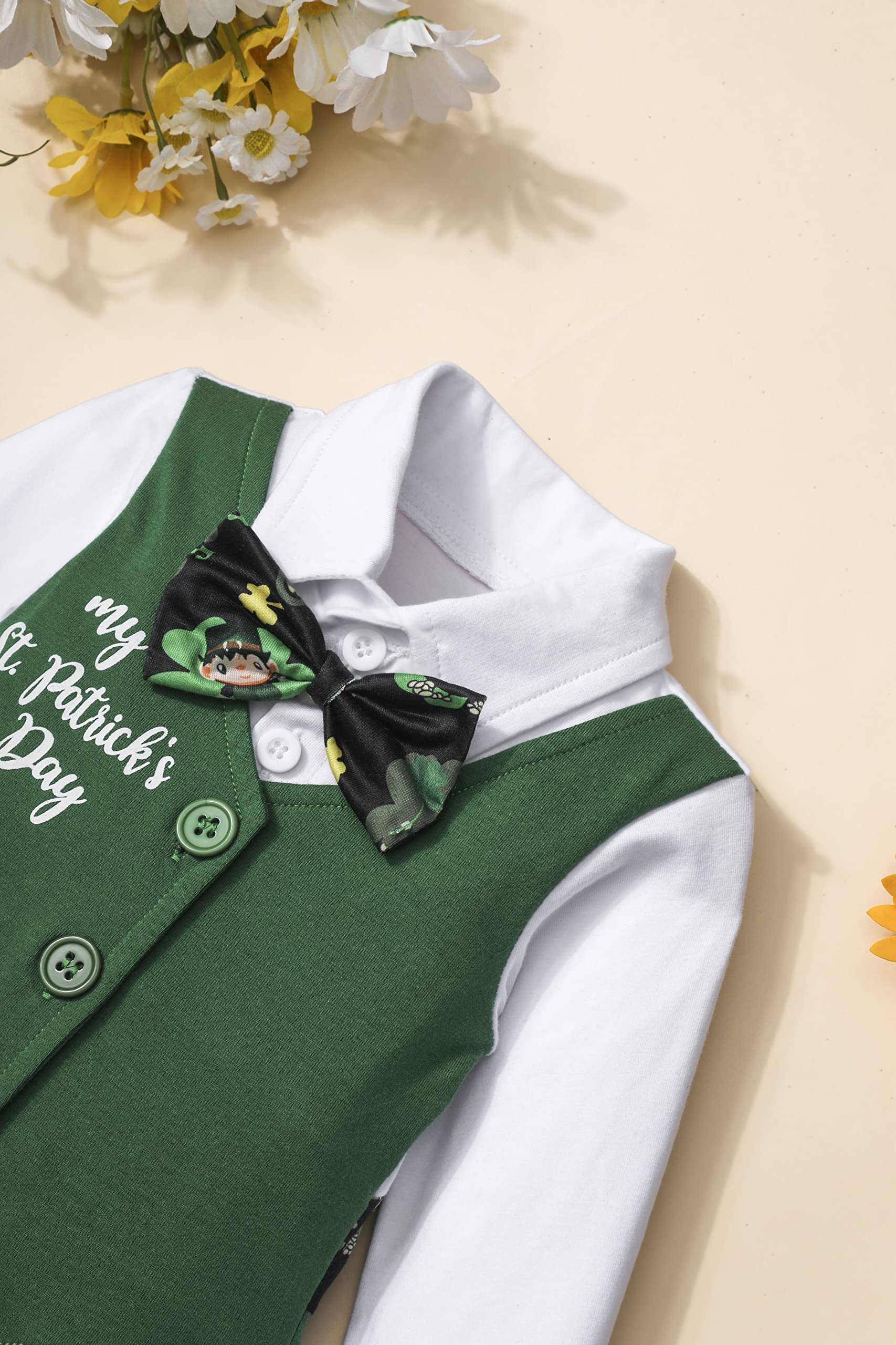 WIQI toddler boy St. Patrick's Day clothes Long Sleeve St. Pat's Day Shirt Romper Jumpsuit+ bow tie baby boy St. Patrick's Day outfit