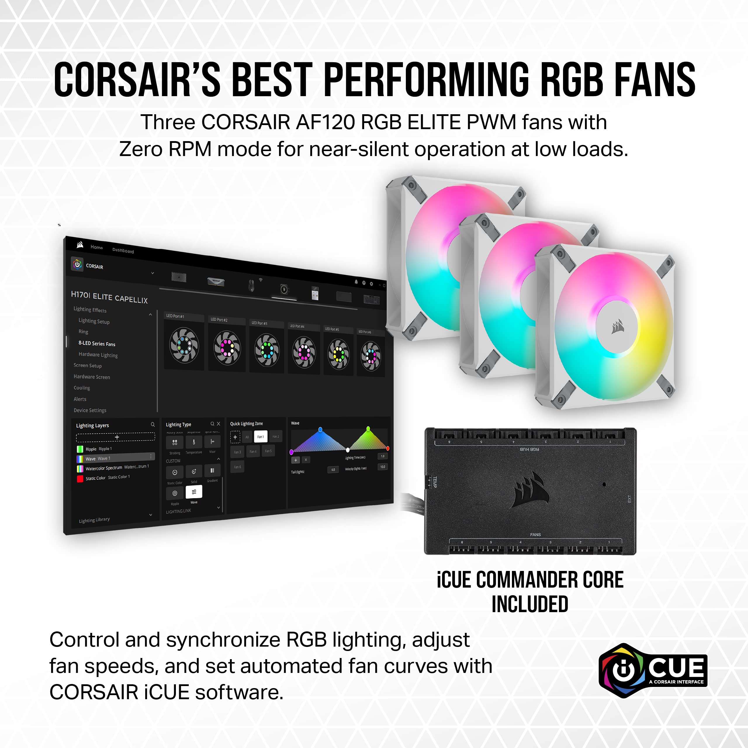 Corsair iCUE H150i Elite CAPELLIX XT Desktop Liquid CPU Cooler - Three AF120 RGB Elite Fans - 360mm Radiator - Intel® LGA 1700, 1200, 115X, 2066, AMD® AM5, AM4 - Included iCUE Commander CORE - White