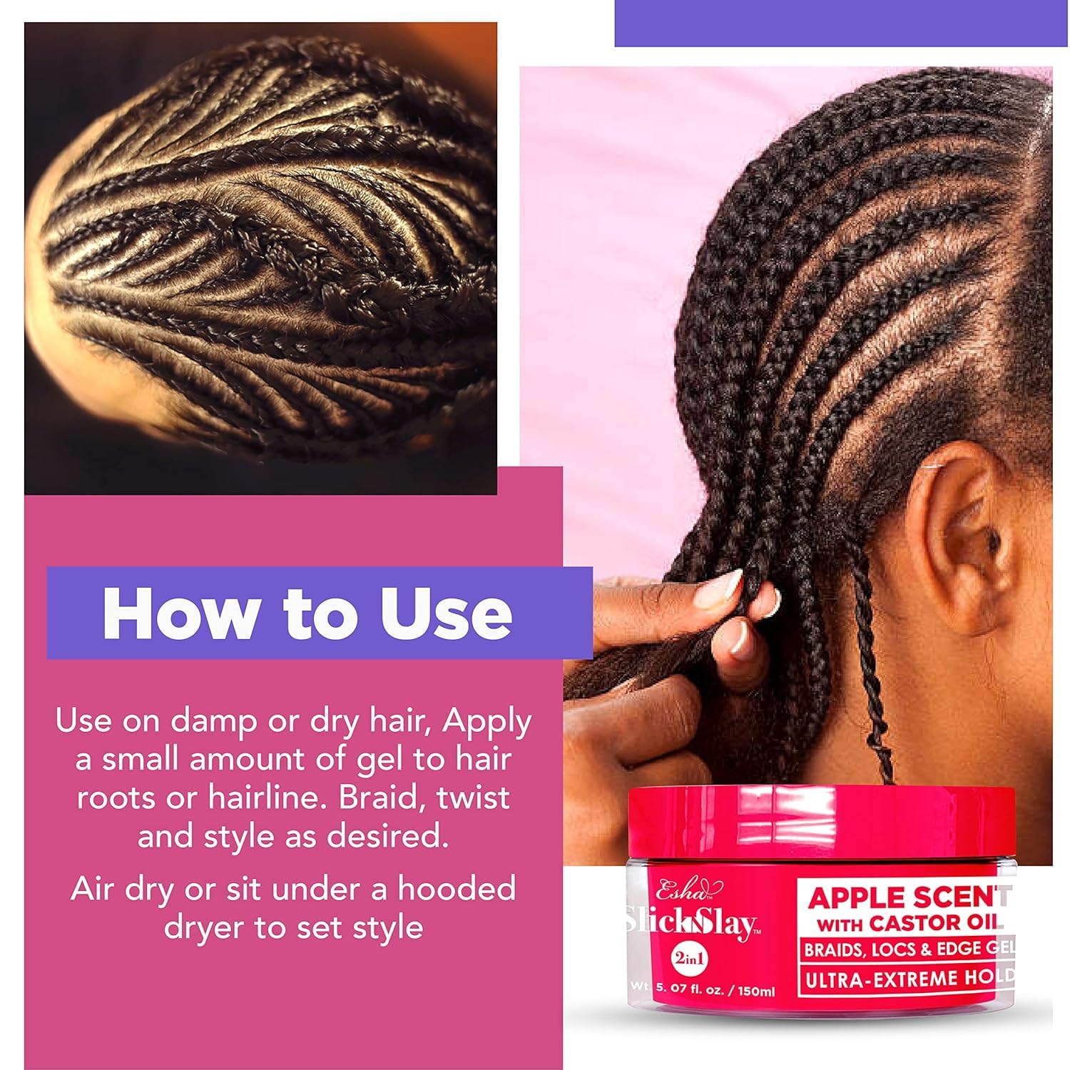 Esha Slick N Slay Braiding Gel - 3-in-1 Ultra Extreme Hold Gel for Locs, Twists & Edges - Hydrating & Conditioning Shining Formula - Fast Drying (APPLE, 5 oz.)