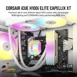 Corsair iCUE H100i Elite CAPELLIX XT Liquid CPU Cooler - Two AF120 RGB Elite Fans - 240mm Radiator - Intel® LGA 1700, 1200, 115X, 2066, AMD® AM5, AM4 - Included iCUE Commander CORE - White