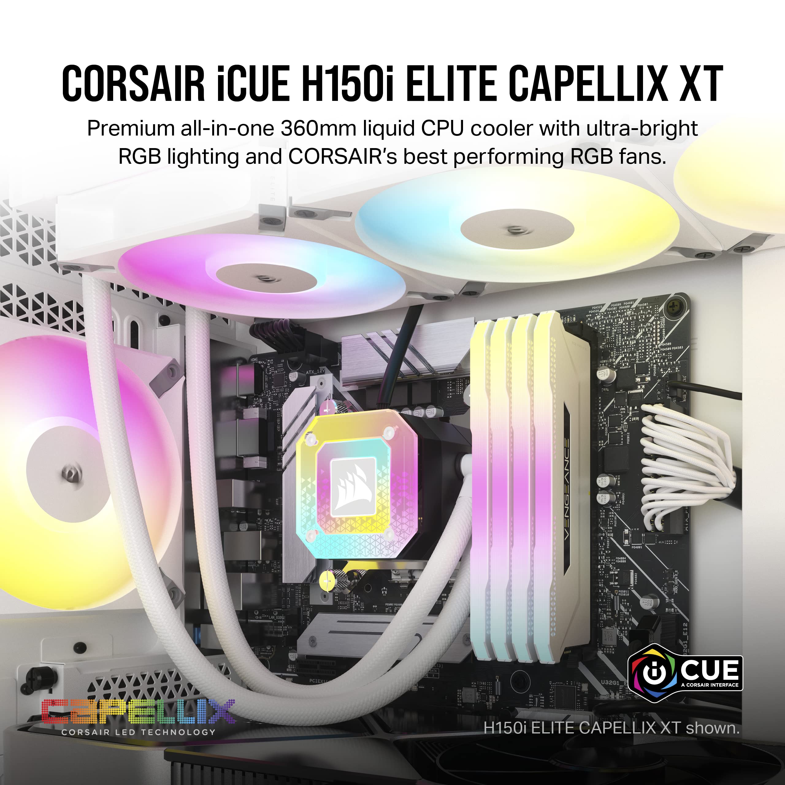 Corsair iCUE H150i Elite CAPELLIX XT Desktop Liquid CPU Cooler - Three AF120 RGB Elite Fans - 360mm Radiator - Intel® LGA 1700, 1200, 115X, 2066, AMD® AM5, AM4 - Included iCUE Commander CORE - White