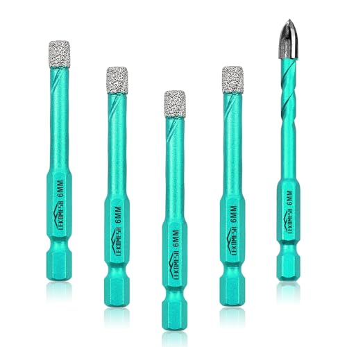 LEKOMESH Porcelain Tile Diamond Drill Bits, 4pcs 6mm Quick Change Shank Diamond Core Drill Bits with 1pc 6mm Carbide Masonry Drill Bit for Tile Ceramic Marble Granite Stone