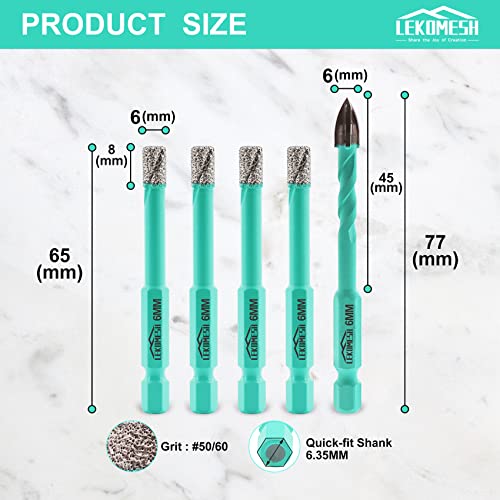 LEKOMESH Porcelain Tile Diamond Drill Bits, 4pcs 6mm Quick Change Shank Diamond Core Drill Bits with 1pc 6mm Carbide Masonry Drill Bit for Tile Ceramic Marble Granite Stone