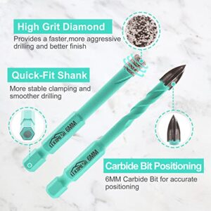 LEKOMESH Porcelain Tile Diamond Drill Bits, 4pcs 6mm Quick Change Shank Diamond Core Drill Bits with 1pc 6mm Carbide Masonry Drill Bit for Tile Ceramic Marble Granite Stone