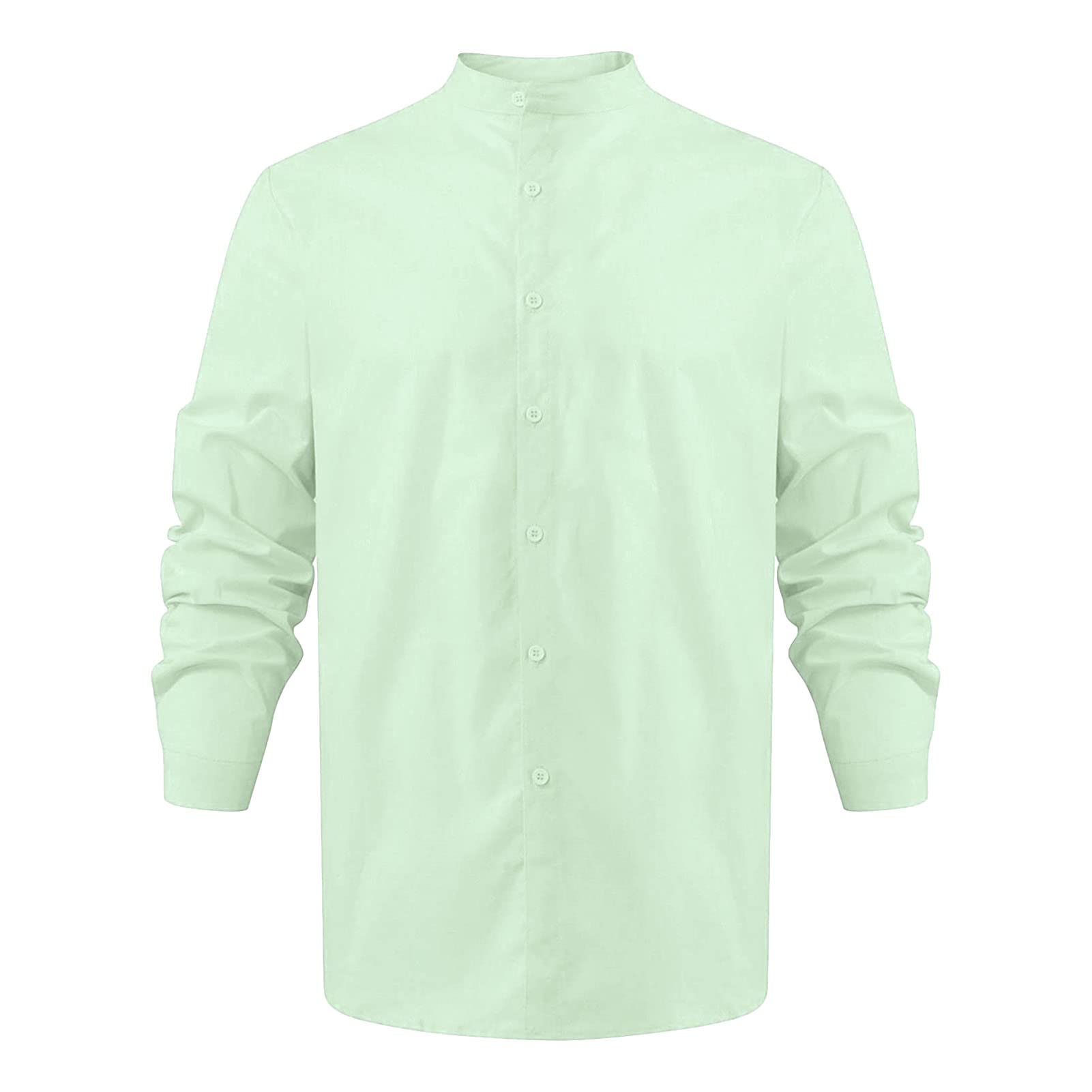 Men Linen Button Up Dress Shirt Long Sleeve Casual Cotton Beach T Shirts Stand Collar Solid Color Summer Yoga Tops (Light Green,X-Large)