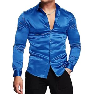 Maiyifu-GJ Mens Metallic Disco Shiny Dress Shirt Long Sleeve Button Down Nightclub Party Shirts Luxury Satin Slim Prom Shirt (Blue,3X-Large)