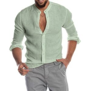 Men Linen Button Up Dress Shirt Long Sleeve Casual Cotton Beach T Shirts Stand Collar Solid Color Summer Yoga Tops (Light Green,X-Large)