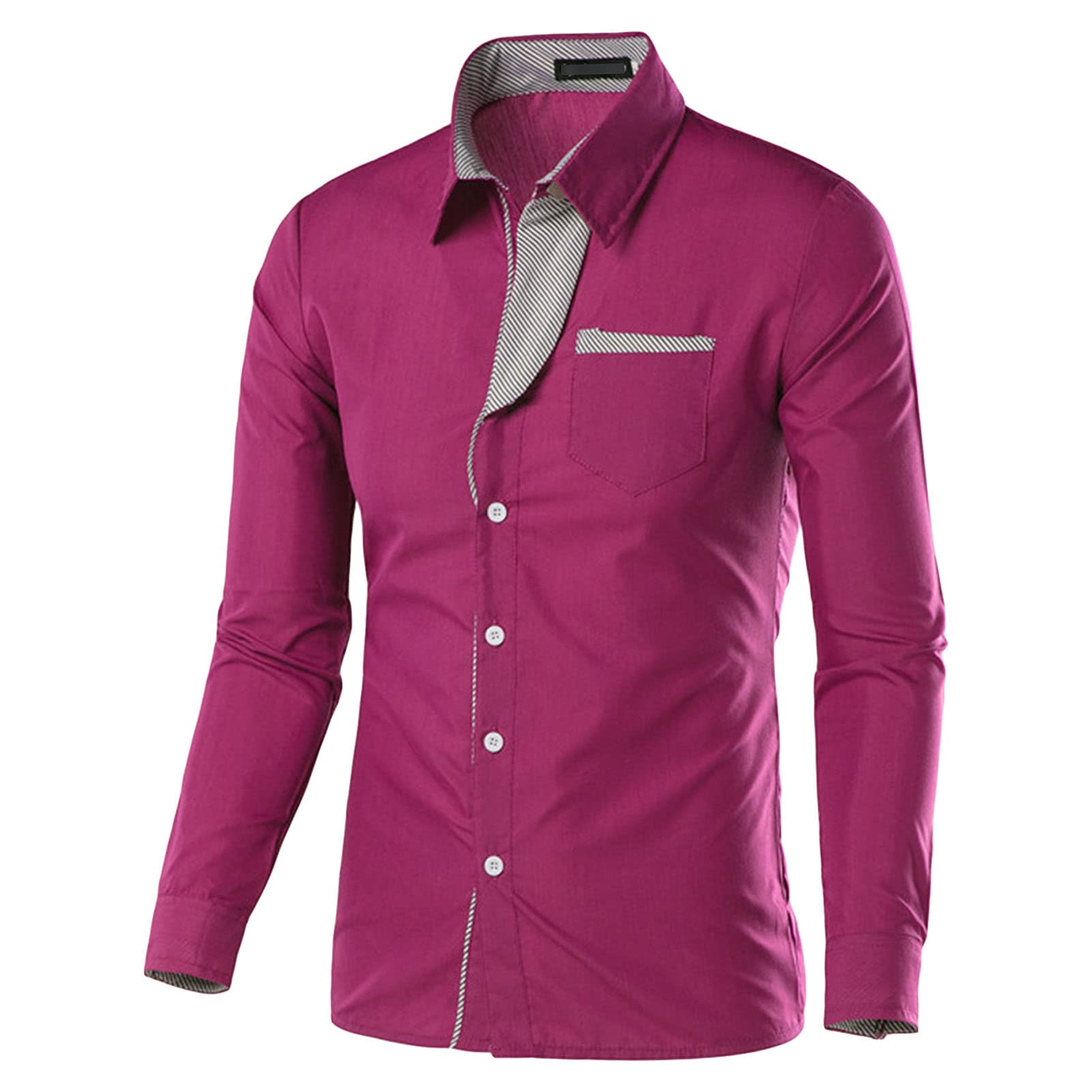 Mens Long Sleeve Stylish Dress Shirts Patchwork Casual Button Down Shirts Turn-Down Collar Shirt Top with Pockets (Purple,Medium)