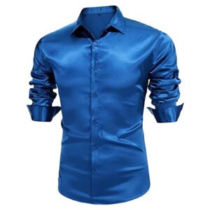 maiyifu-gj mens metallic disco shiny dress shirt long sleeve button down nightclub party shirts luxury satin slim prom shirt (blue,3x-large)