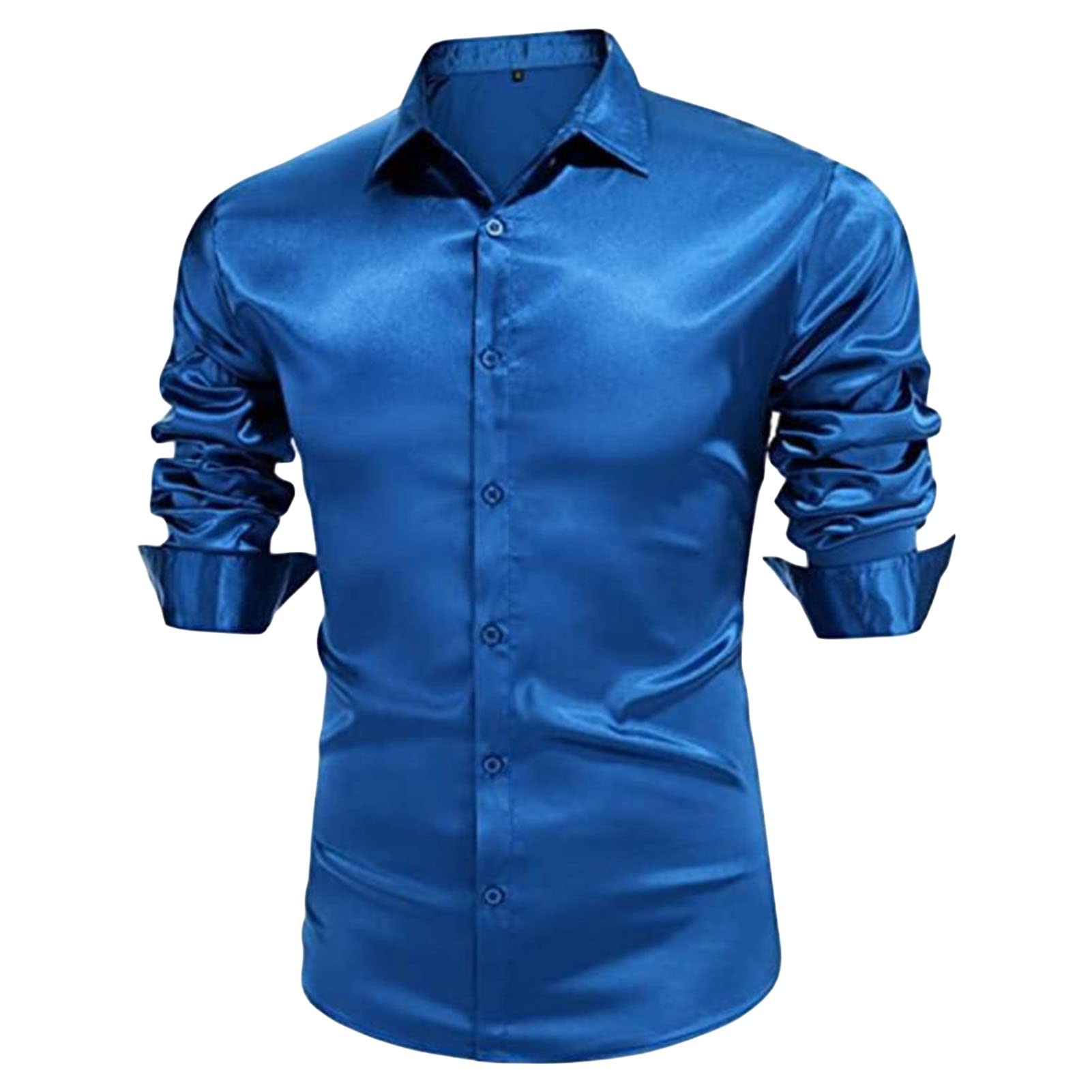 Maiyifu-GJ Mens Metallic Disco Shiny Dress Shirt Long Sleeve Button Down Nightclub Party Shirts Luxury Satin Slim Prom Shirt (Blue,3X-Large)