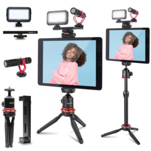 movo tablet vlogging kit for ipad - ipad vlogging kit with tablet holder, compact tripod, microphone, led light, cold shoe extension - youtube starter kit with ipad tripod mount for video recording