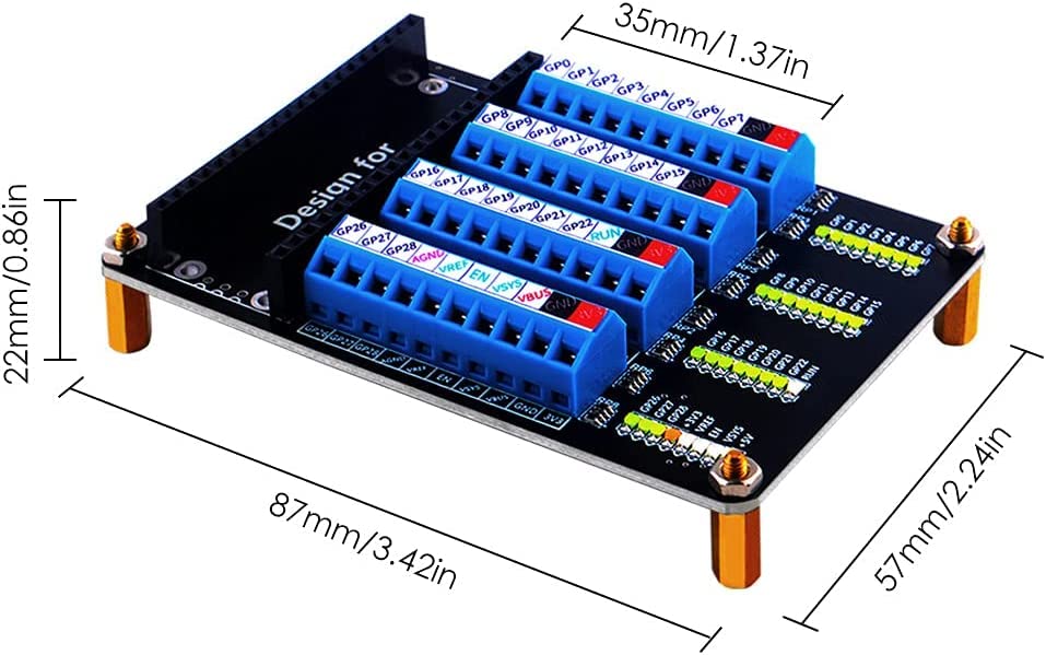 RedTagCanada for Raspberry Pi Pico Expansion Board 5V M2.5 40pin Led Out GPIO Screw Terminal with LED Data Protocol 12C UART Analog Digital