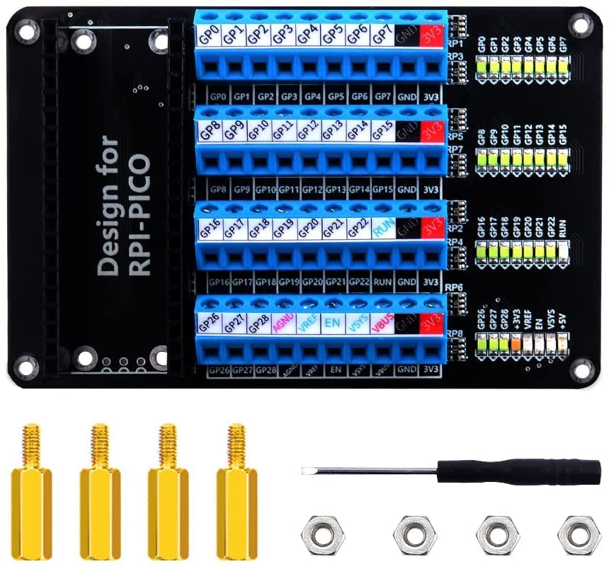 RedTagCanada for Raspberry Pi Pico Expansion Board 5V M2.5 40pin Led Out GPIO Screw Terminal with LED Data Protocol 12C UART Analog Digital